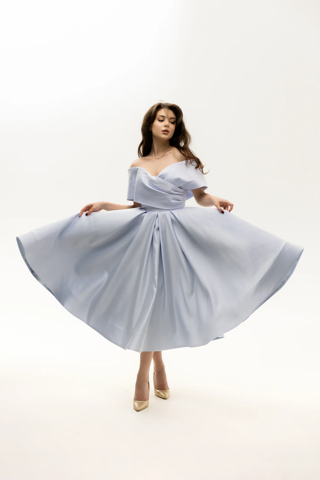 Blue Off the Shoulder Evening Gown - Blue Evening Dress with Satin - Fitted Formal Dress with High Slit Plus Size