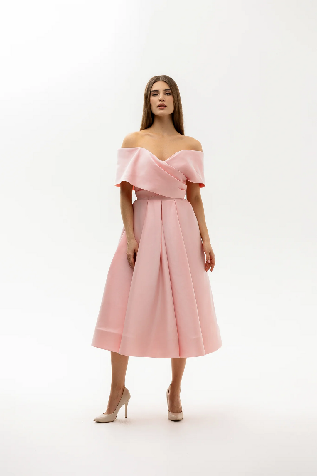 Pink Designer Dress with Off-Shoulder Neckline – Pleated Evening Dress with Structured Bodice Plus Size