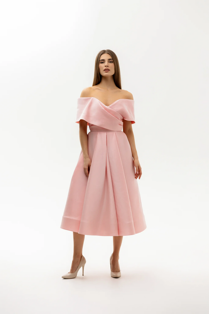 Pink Designer Dress with Off-Shoulder Neckline – Pleated Evening Dress with Structured Bodice Plus Size