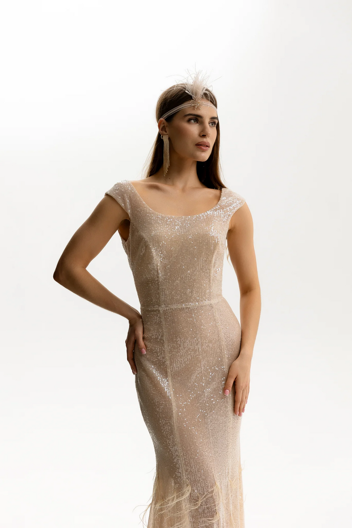 Champagne Evening Gown with Sequin – Sequin and Feather Dress - Form Fitting Formal Dresses  with Glamorous Silhouette Plus Size