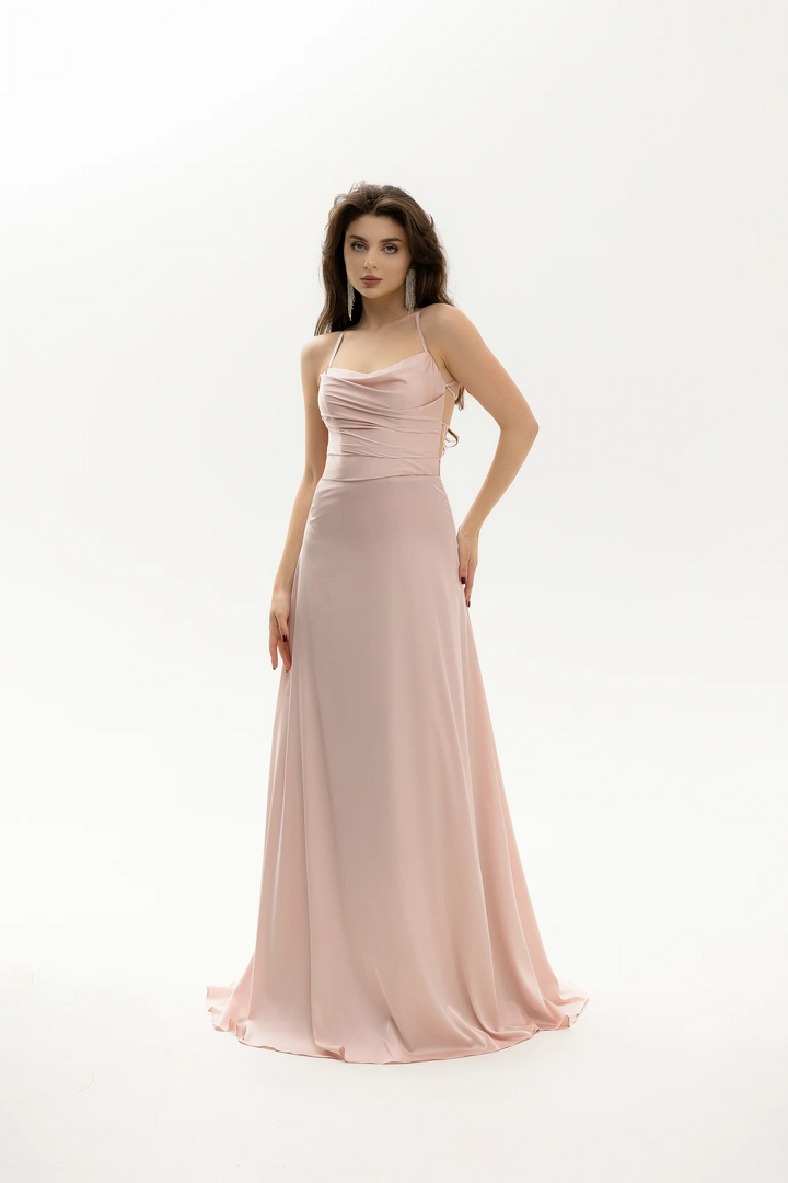 Light Pink Evening Gown with Ruched Bodice – Formal A-Line Dress with Delicate Straps and Feminine Silhouette Plus Size