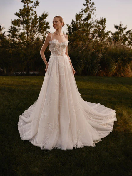 A-Line Wedding Gown with Embroidered Lace – Floral Applique Dress with Crystal-Embellished Straps and Sweetheart Neckline Plus Size - Flora