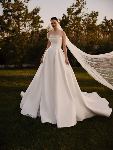 Simple Ivory Wedding Gown with Sculpted Bodice - Simple Wedding Dress with Embroidered Pearl Beading – Long Wedding Gown Train Plus Size - Helia