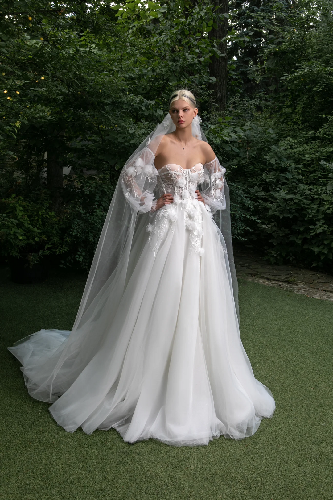 Ivory Tulle Wedding Gown with 3D Flowers – Applique Wedding Dress with Convertible Sleeves and Elegant Train Plus Size - Madalyn