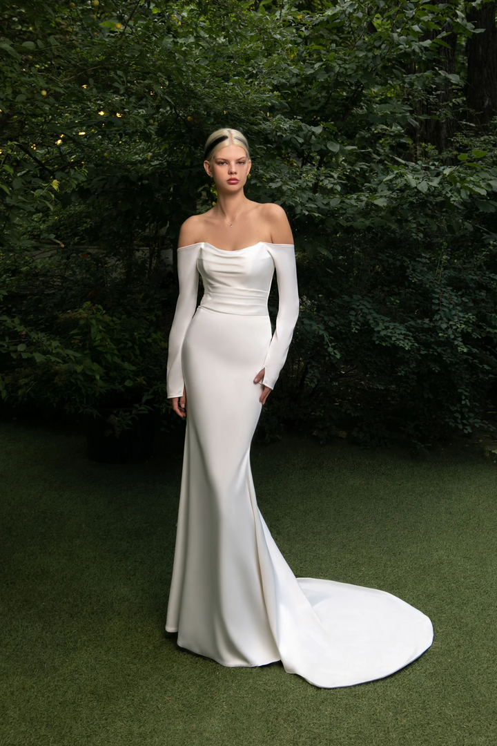 Ivory Mermaid Wedding Gown with Off-the-Shoulder Sleeves – Satin Wedding Dress with Dramatic Train and Hidden Lace-Up Back Plus Size - Makenna