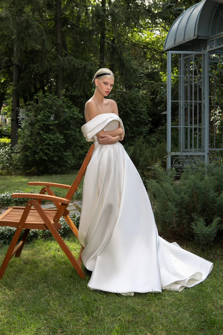 Ivory Elegant Simple Wedding Gown with Mikado and Corset – Off the Shoulder Wedding Dress with Train and Pockets Plus Size - Marlena