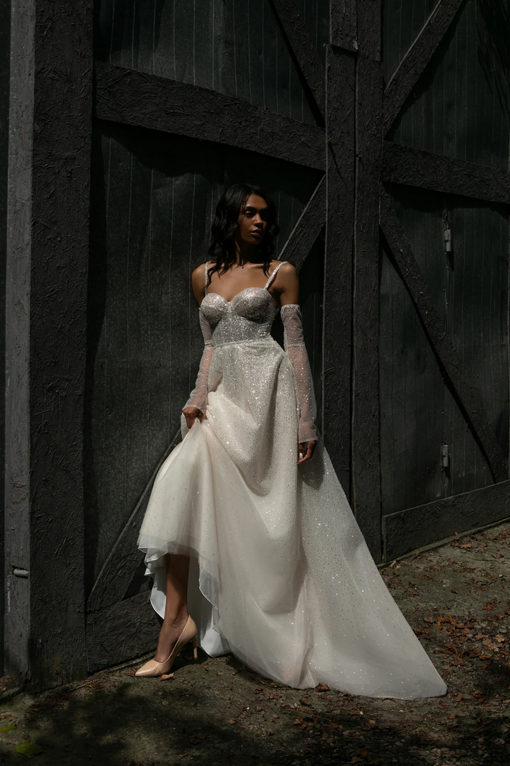Sparkly Ball Gown Wedding Dress with Sweetheart Corset – Spaghetti Strap Wedding Dress with Detachable Sleeves Plus Size - Megan
