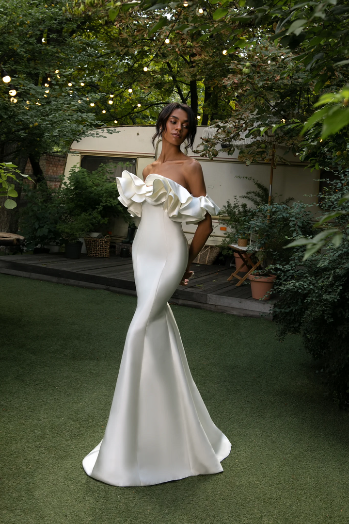 Ivory Mermaid Wedding Dress with Ruffled Corset – Off the Shoulder Wedding Gown with Hidden Zipper Plus Size - Mercy