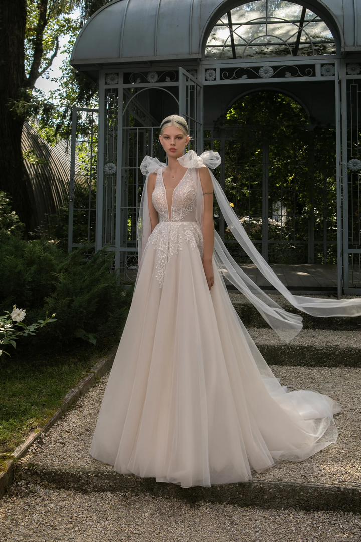 Tulle Wedding Gown with V-Shaped Corset and Floral Lace – Sleeveless Wedding Dress with Train and Convertible Shoulder Bows Plus Size - Milena