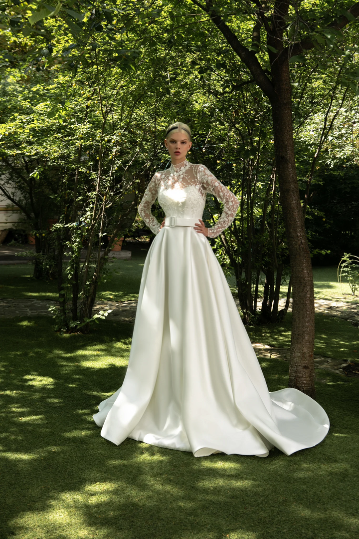 Elegant Ivory A-Line Wedding Gown with High-Neck Lace Bodice – Long Sleeves Wedding Dress with Floral Appliques Plus Size - Miranda