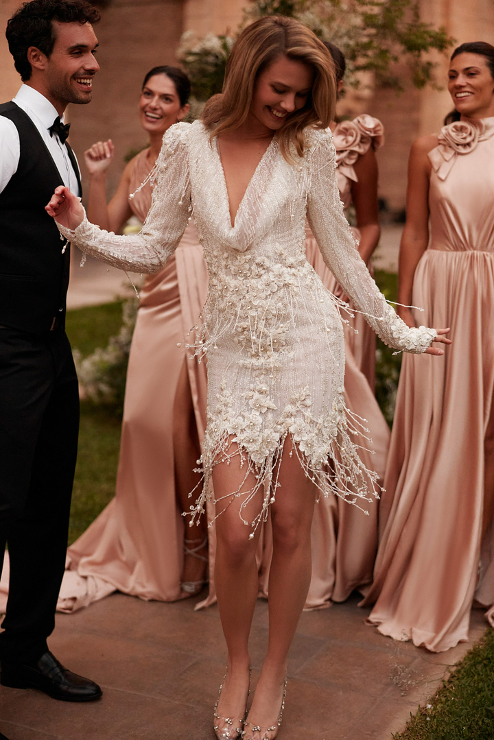 Ivory Short Wedding Party Dresses with Beaded - Lace Wedding Gown Long Sleeve with Cowl Neckline Plus Size