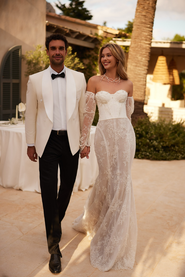 Nude Off Shoulder Wedding Dress with Sheer Lace Sleeves - Lace Corset Back Wedding Dress Plus Size