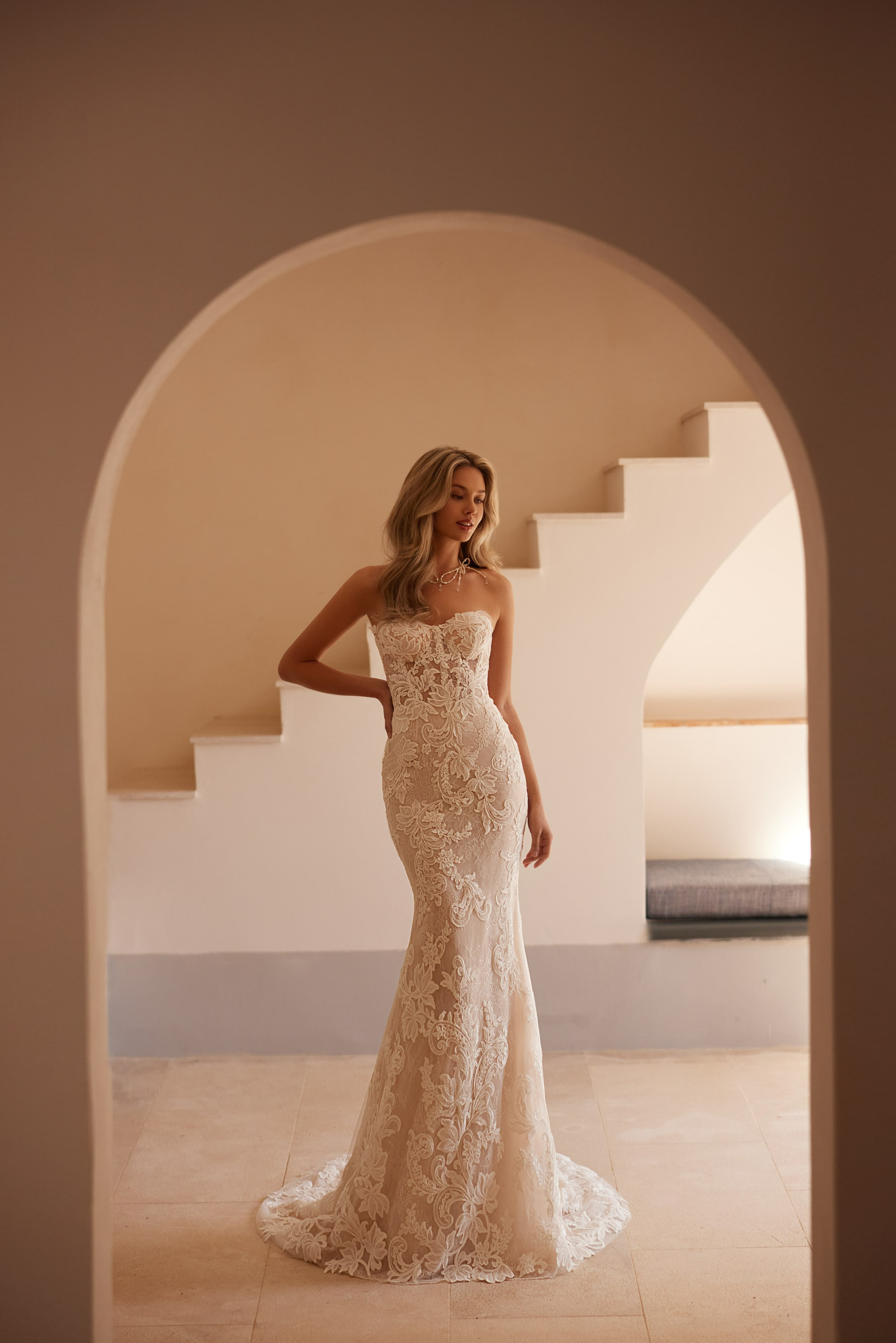 nude dress FITTED NUDE GOWN WITH RIGHT SIDE OVERSKIRT AND RHINESTONE DETAILS CDCD991