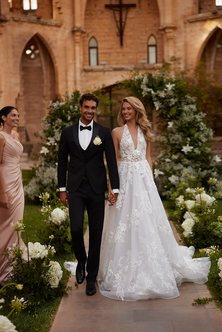 Ivory A Line Ball Gown Wedding Dress with Plunging Halter Neck - Wedding Dress with Tullea with 3D Floral Lace Plus Size