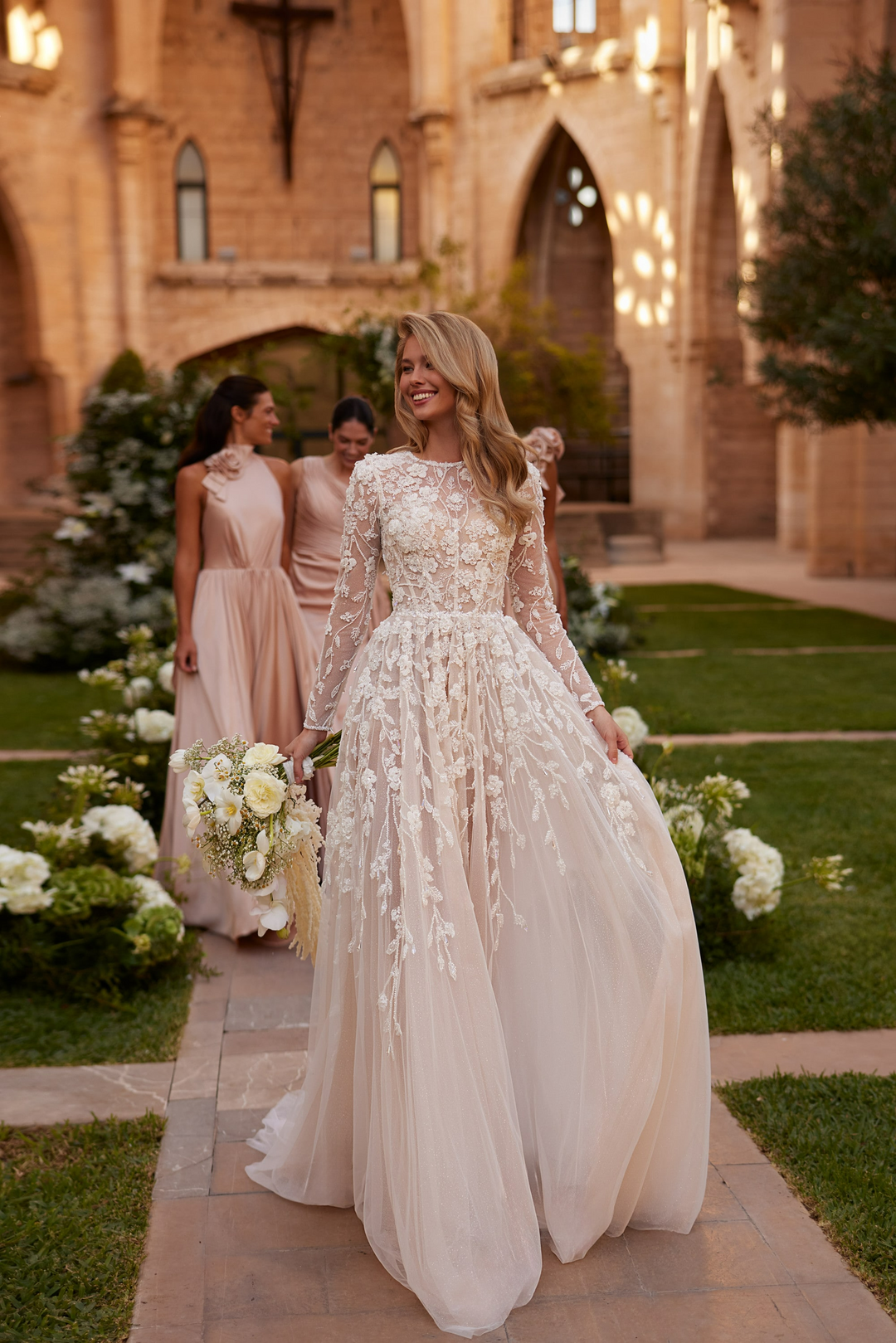 Nude Floral Wedding Dress with 3D Lace Appliqué - Long Sleeves Wedding Gown with Tulle Plus Size