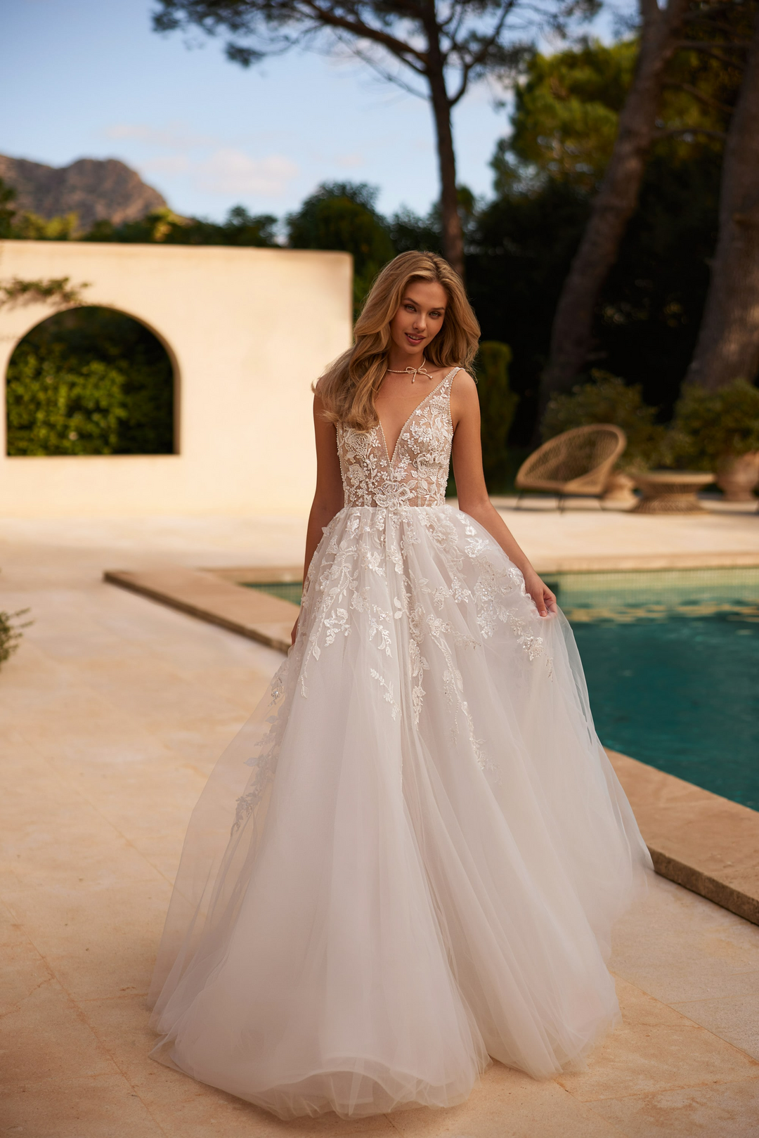 Nude Floral Wedding Dress with Deep V Neckline – Sleeveless Ball Gown Wedding Dress with Tulle Plus Size