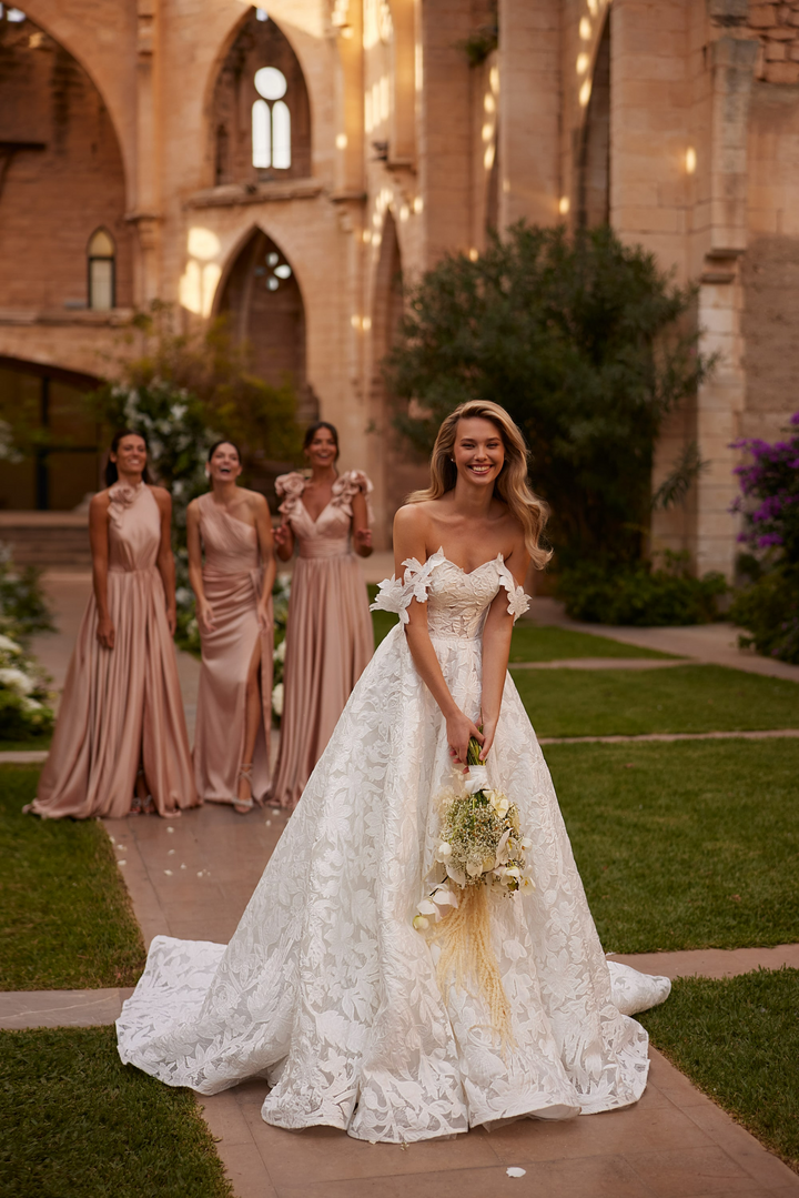 Ivory Off Shoulder Wedding Dress - Floral Wedding Dress with 3D Appliqué Sleeves – Structured Lace Wedding Gown Plus Size