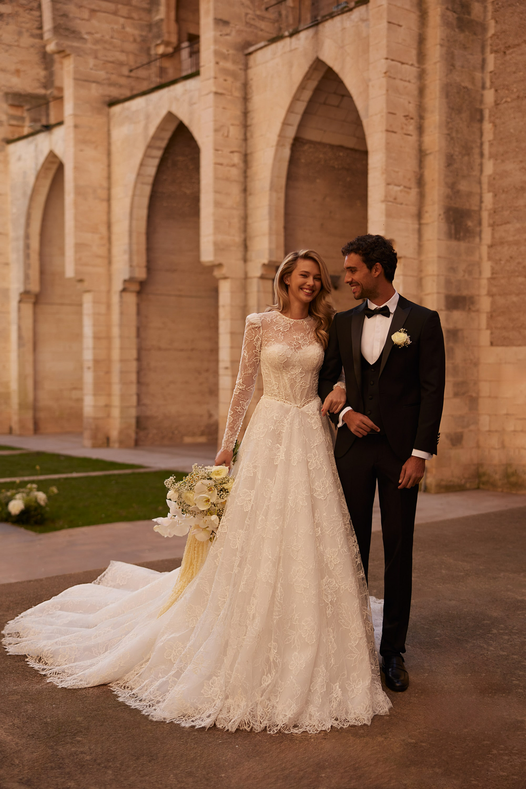 Ivory Lace Wedding Gown Long Sleeve with Lace Bodice – Classic Wedding Gown with Crew Neckline and Train Plus Size