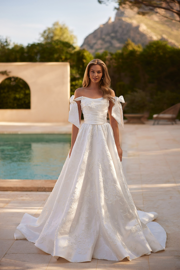 Ivory Off Shoulder Wedding Dress with Bow Sleeves – Jacquard A Line Wedding Gown with Corset Back Plus Size