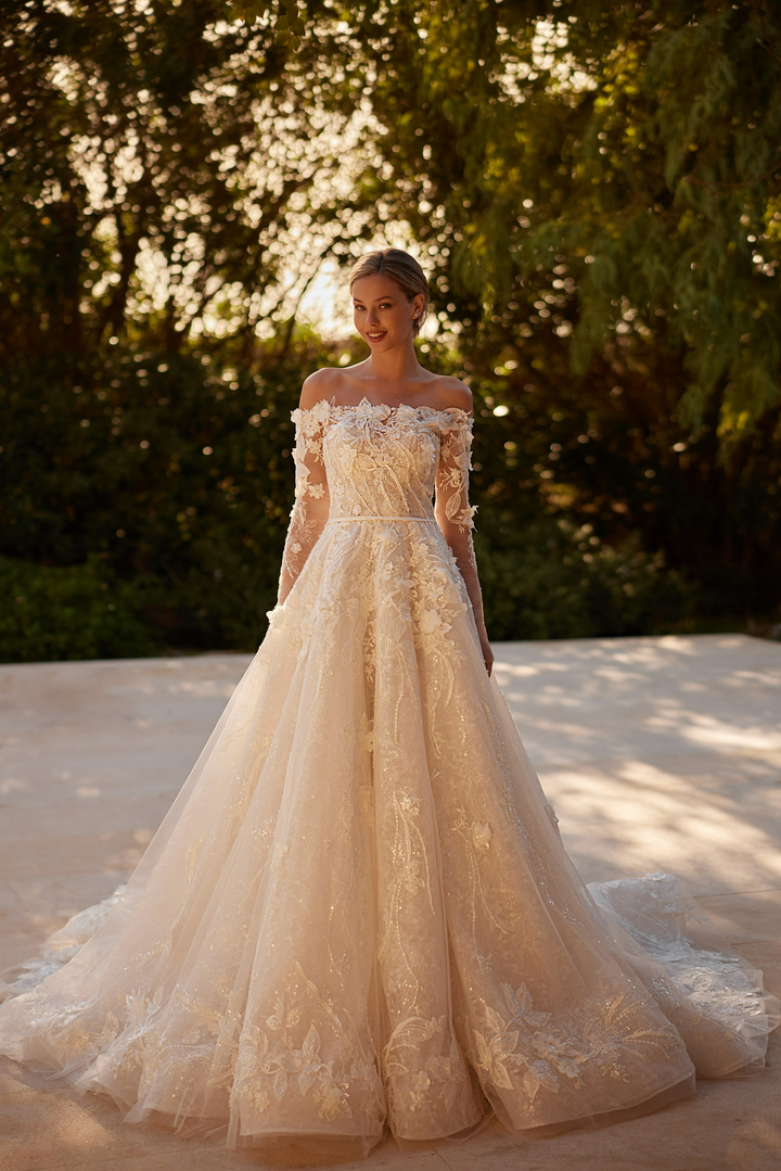 Nude Off Shoulder Wedding Dress with Long Sleeves – Embellished Wedding Dress with Lace Bodice Plus Size