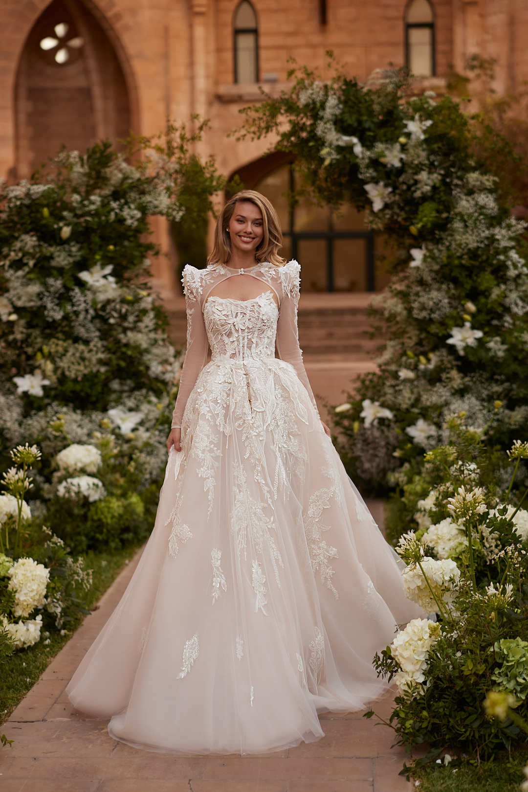 Nude Long Sleeve Wedding Dress with Floral Lace Appliqué – Convertible Wedding Dress with Illusion Neckline Plus Size