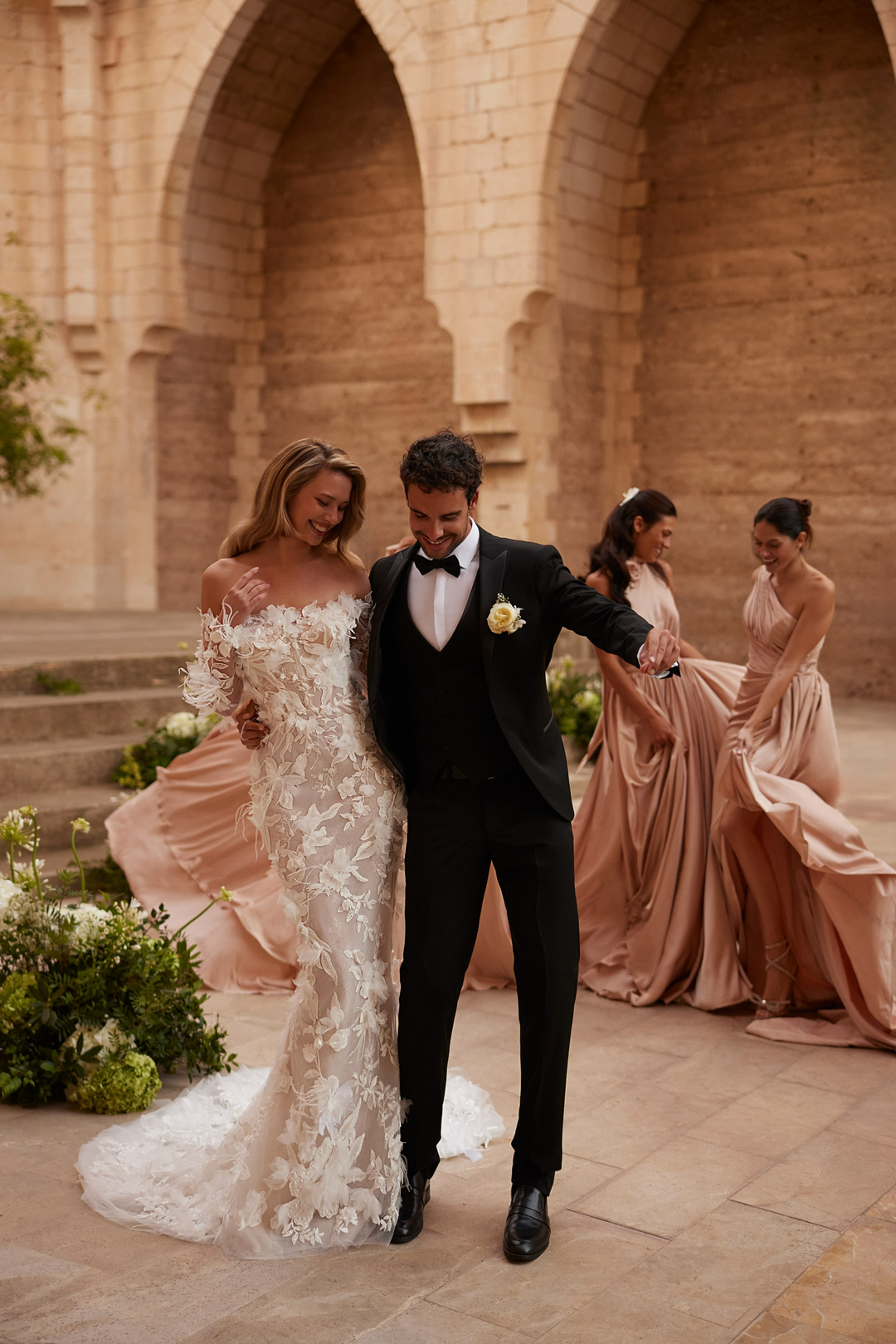 Nude Floral Wedding Dress with Long Sleeves – Off Shoulder Wedding Gown - Lace Mermaid Wedding Gown with 3D Appliqué Plus Size