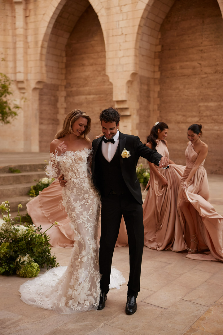 Nude Floral Wedding Dress with Long Sleeves – Off Shoulder Wedding Gown - Lace Mermaid Wedding Gown with 3D Appliqué Plus Size