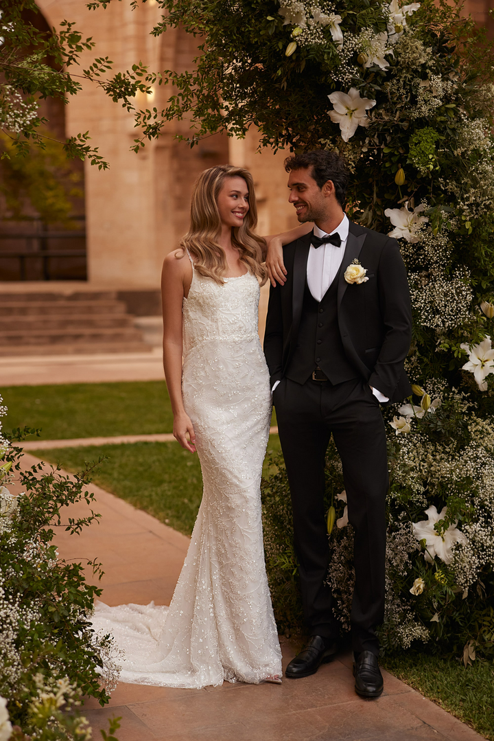 Ivory Mermaid Wedding Dress with Spaghetti Straps – Beaded Cowl Back Wedding Gown with Train Plus Size