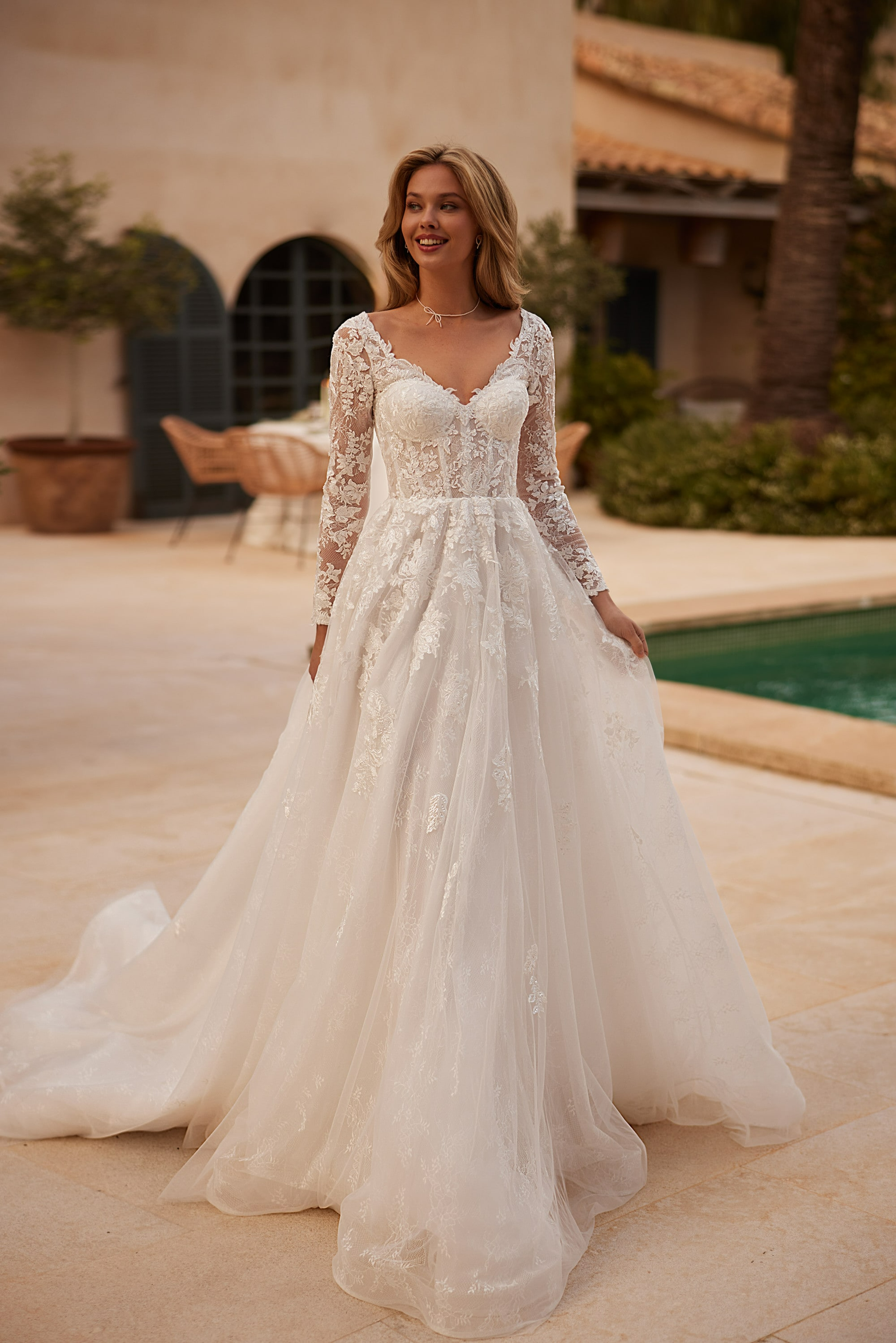 Long Sleeve Wedding Dress with Sweetheart Neckline and Tulle – Lace Floral applique Dress with Sheer Bodice Plus Size