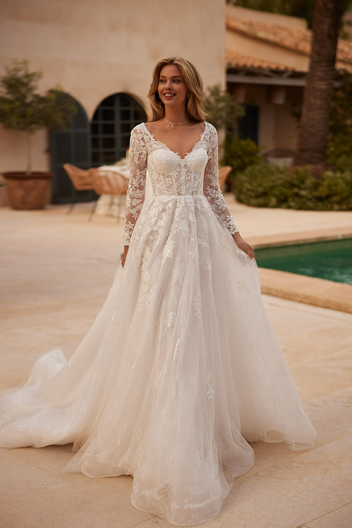 Long Sleeve Wedding Dress with Sweetheart Neckline and Tulle – Lace Floral applique Dress with Sheer Bodice Plus Size