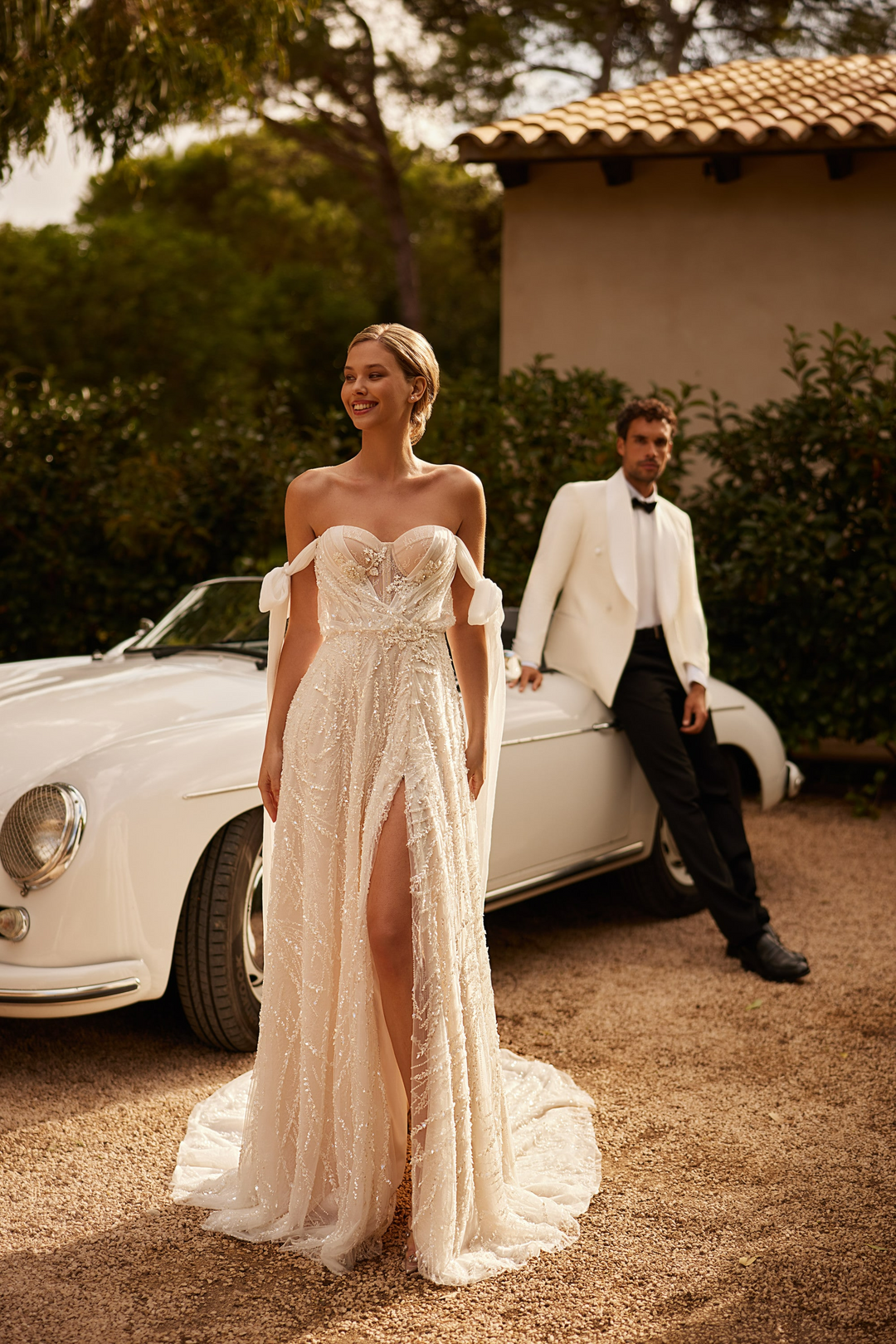 Off Shoulder Wedding Dress with Thigh High Slit – Beaded A-Line Wedding Gown with Convertible Sleeves Plus Size