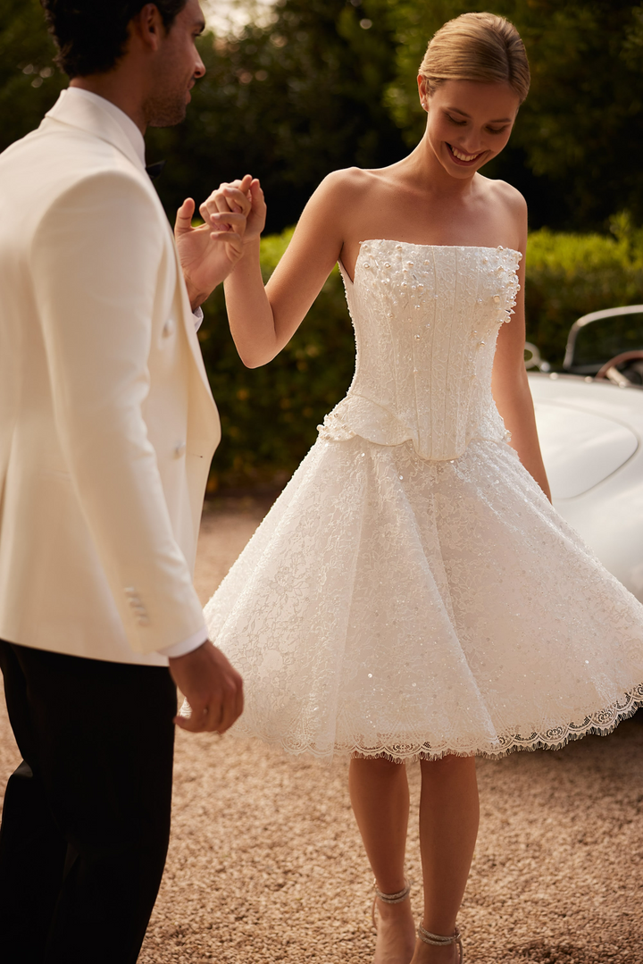 Ivory Tea Length Wedding Dress with Sleeves and Lace Corset – Sequin Wedding Dress with Convertible Sleeves Plus Size