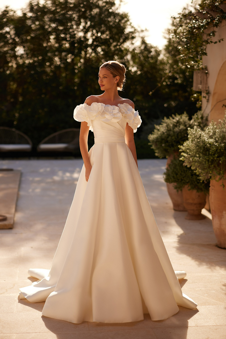 Ivory Satin Wedding Dress with 3D Floral Design – Off Shoulder Ball Gown Wedding Dress with Structured Pleats Plus Size