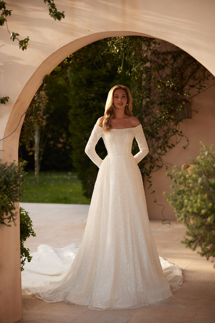 Ivory Beaded Off Shoulder Wedding Dress with Long Sleeves – Glitter Ball Gown Wedding Dress with Sweep Train Plus Size