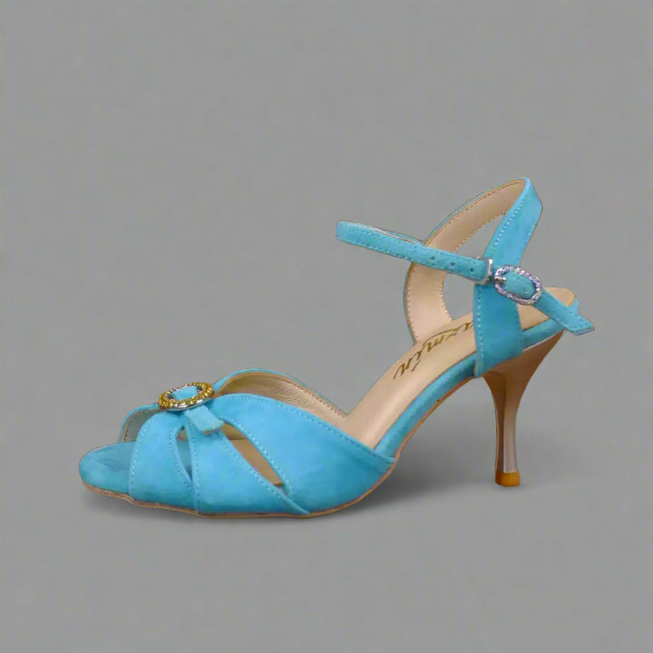 Handmade Tango Cowhide Leather Blue Latin Dance Shoes Low Heel with Rhinestone Buckle and Open Toe