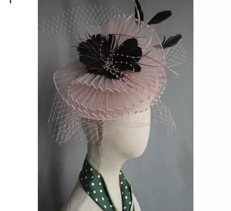 Elegant Pink Fascinator with Feather and Bead Accents  display picture 1