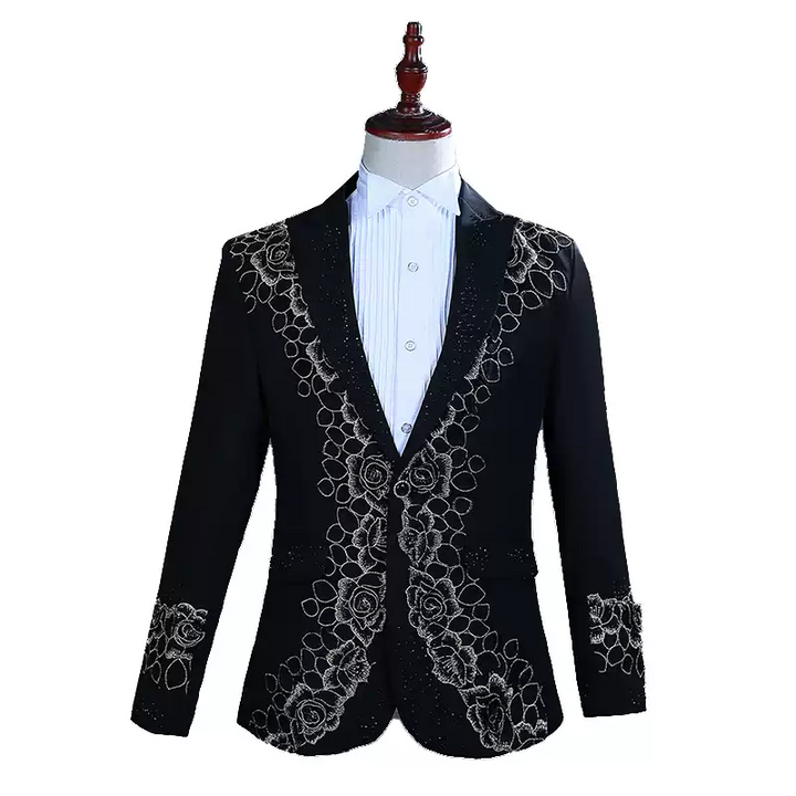 Black Baroque Mens Blazer – Embroidered Suit Jacket with Floral and Sleeve Detail Plus Size