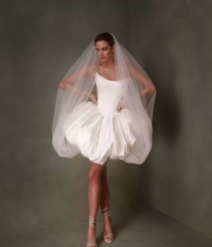 Short Satin Wedding Dress with Dramatic Bubble Skirt – Bubble Hem Dress with Strapless   - Strapless Wedding Dress Plus Size