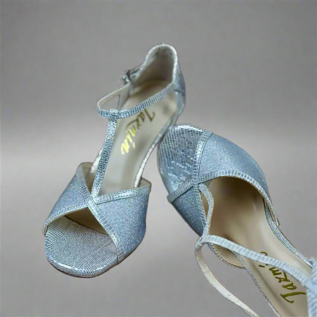Handmade Tango Lambskin Leather Silver Latin Dance Shoes with T-Strap Design – Glitter Leather Ballroom and Latin Dance Shoes