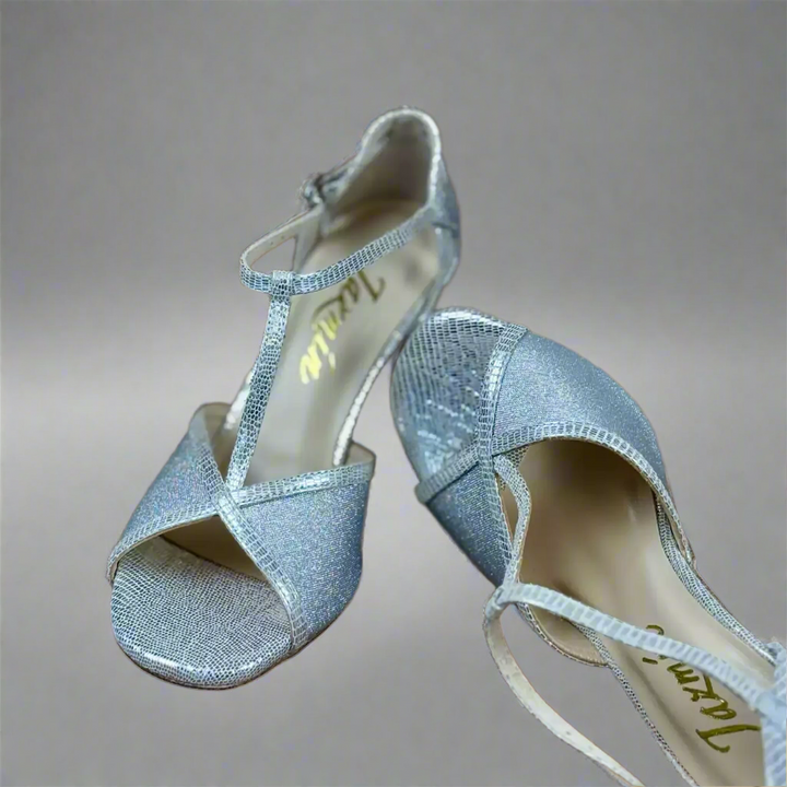 Handmade Tango Lambskin Leather Silver Latin Dance Shoes with T-Strap Design – Glitter Leather Ballroom and Latin Dance Shoes