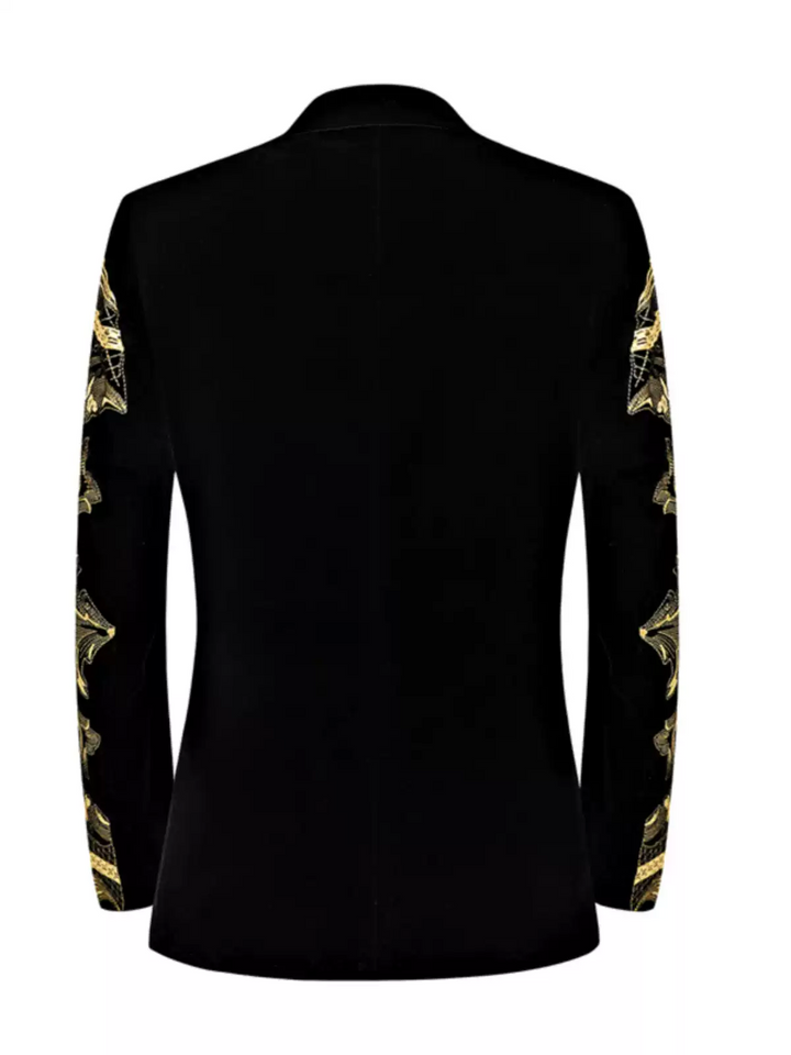 Black Baroque Mens Suit – Velvet Blazer and Pants Set with Gold Embroidered Pattern Plus Size