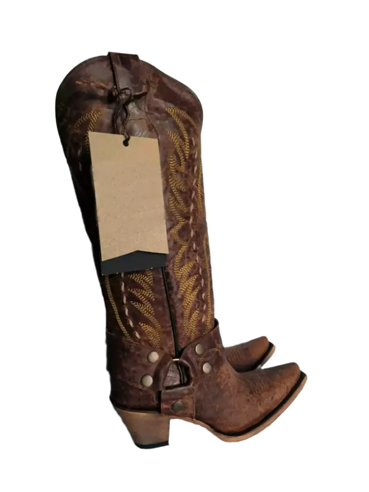 Vintage-Inspired Brown Cowgirl Boots with Embroidered Detailing – Western Knee-High Boots with Buckle Strap