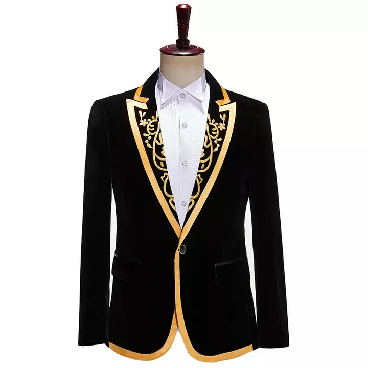 Black Baroque Mens Blazer – Velvet Suit Jacket with Gold Lapel Trim and Embroidered Detail Plus Size