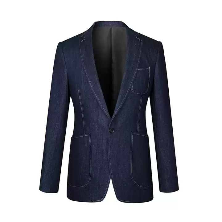 Mens Denim Blazer Jacket in Dark Indigo with Patch Pockets and Notch Lapel Plus Size