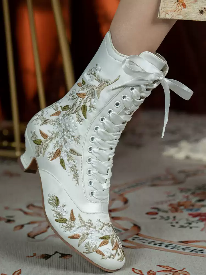 Handmade Victorian White Embroidered Silk Lace-Up Mid-Calf Boots with Lambskin Insole