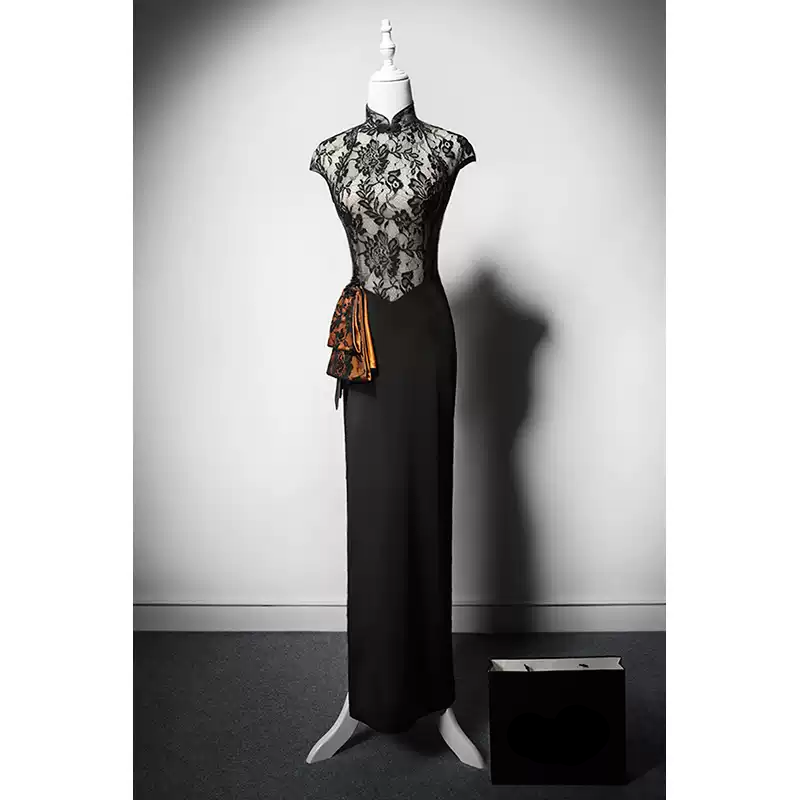Black Lace Cheongsam Dress with Sheer Panel Elegant High Collar Cheongsam Dress with Slits Plus Size Size 4 / Black Black Lace Cheongsam Dress with Sheer Panel Elegant High Collar Cheongsam Dress with Slits Plus Size Size 4 / Black