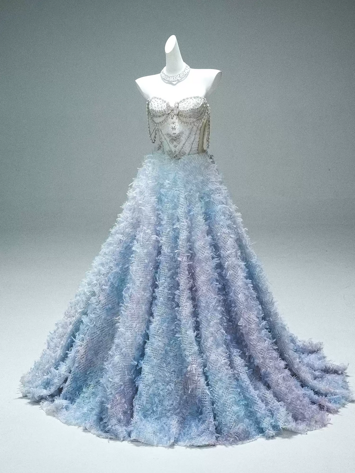 Blue Evening Dress with Beaded Corset – Strapless Layered Tulle Ruffle Dress Plus Size