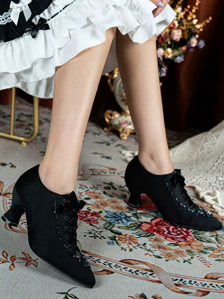 Handmade Gothic Black Silk Satin Victorian Lace-Up Heels with Beaded Embroidery