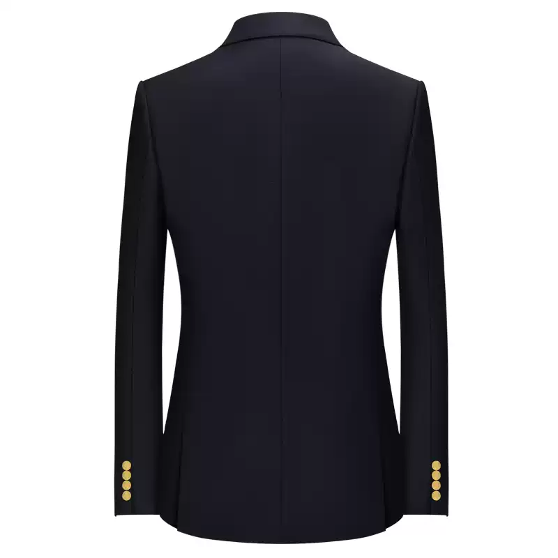 Black Wool Blazer with Gold Buttons and Embroidered Badge Design Plus Size