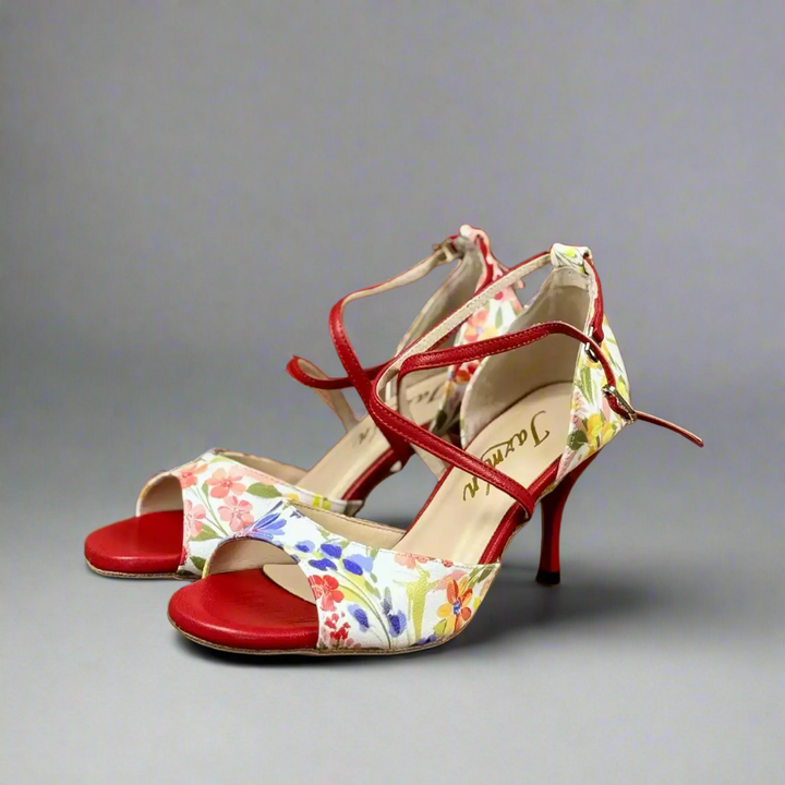 Handmade Tango Cowhide Leather Red Floral Latin Dance Shoes with Criss-Cross Strap – Tango Shoes Madame Pivot